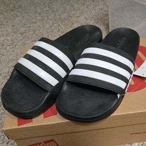 Adidas Black Slides with White Stripes